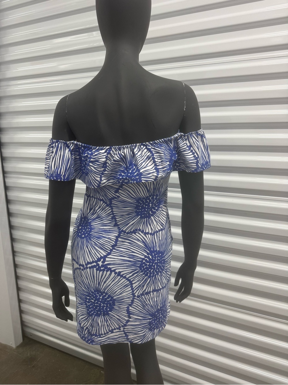 Off-Shoulder Blue & White Floral Print Women’s Dress